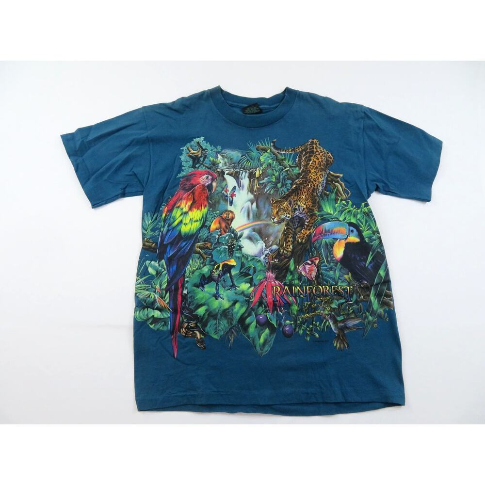 Rainforest Graphic T-Shirt Teal Animal Jungle Print Sz L 1990s
